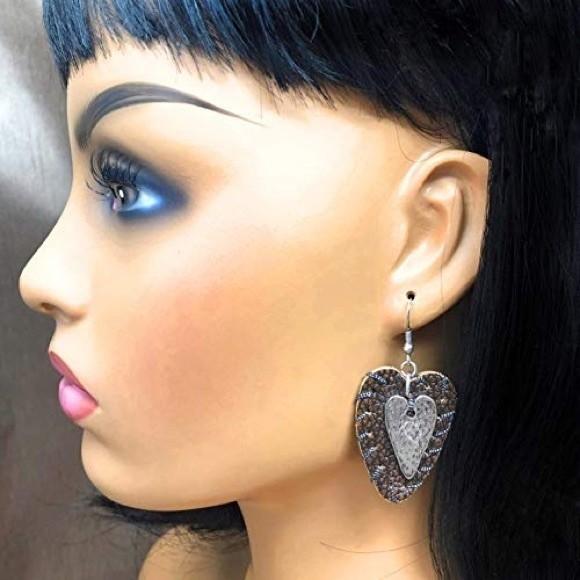 Brown Leather Silver Heart Dangle Earrings - Picture 2 of 3